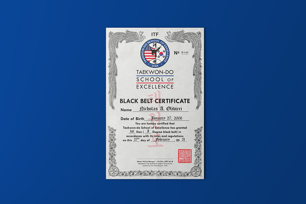 TaeKwon Do School of Excellence black belt certificate mockup